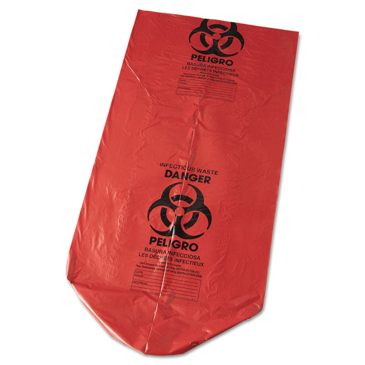 Low-Density Commercial Can Liners, Infectious Waste Biohazard, 45 gal, 1.3 mil, 40 x 46 , Red, Interleaved, 20/RL, 5 RL/CT
