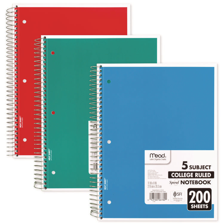 Spiral Notebook, 5-Subject, Medium/College Rule, Randomly Assorted Cover Color, (200) 11 x 8 Sheets