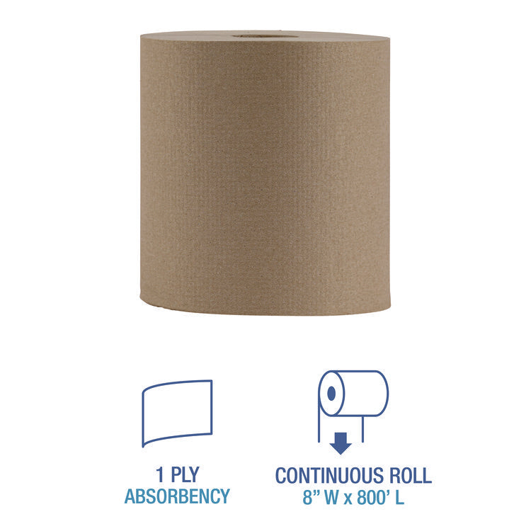 Hardwound Paper Towels, Nonperforated, 1-Ply, 8" x 800 ft, Natural, 6 Rolls/Carton
