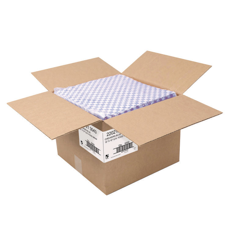Grease-Resistant Food Wrap, 12 x 12 , Blue Check, 5,000/Carton