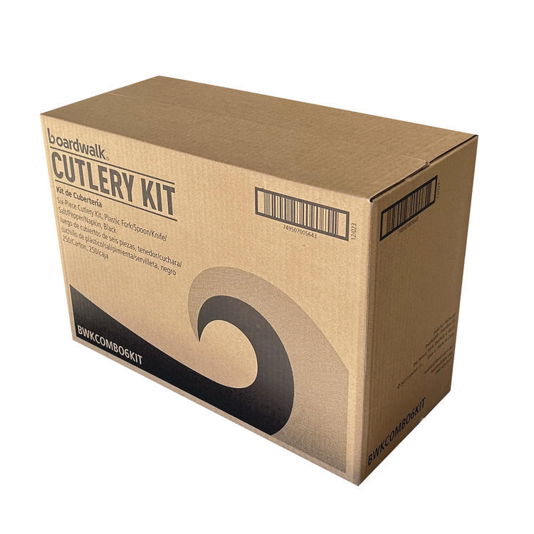 Six-Piece Cutlery Kit, Fork/Knife/Napkin/Pepper/Salt/Spoon, Black, 250/Carton