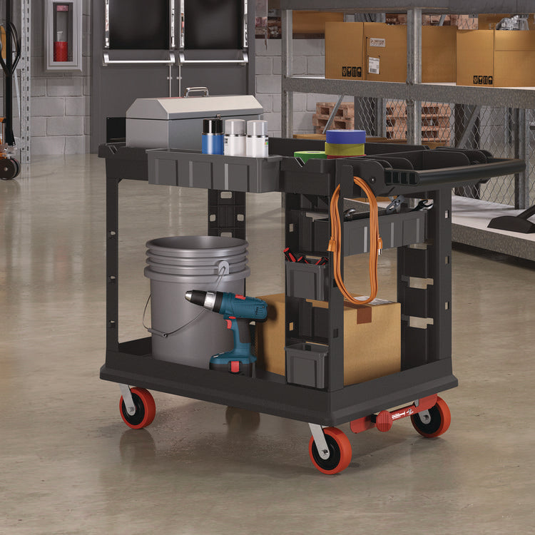 Heavy Duty Plus Utility Cart, Plastic, 2 Shelves, 6 Bins, Capacity, 26.5 x 48.78 x 34.81 , Black