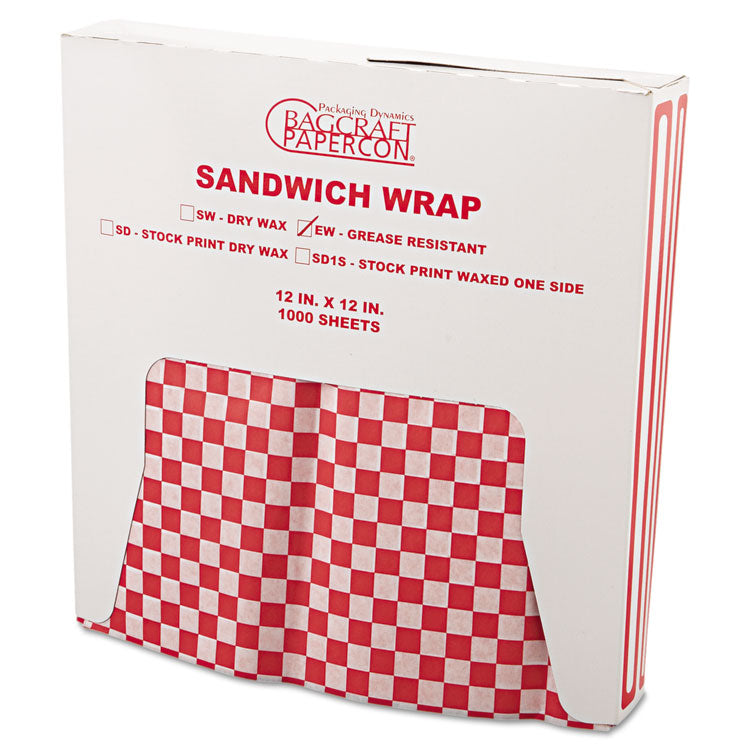 Grease-Resistant Paper Wraps and Liners, 12 x 12, Red Check, 1,000/Box, 5 Boxes/Carton