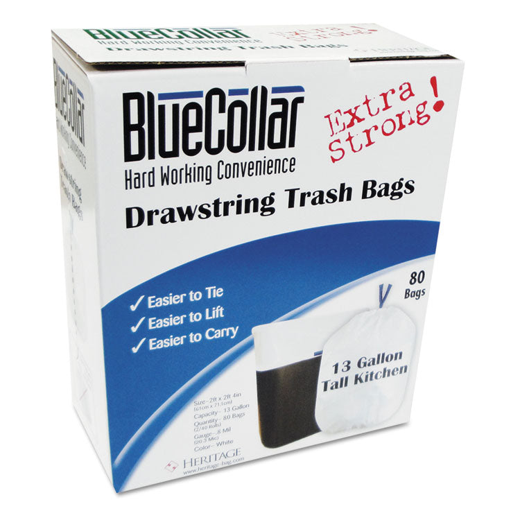 Drawstring Trash Bags, Drawstring, 13 gal, 24 x 28 , White, 40 Bags/Roll, 2 Rolls/Box