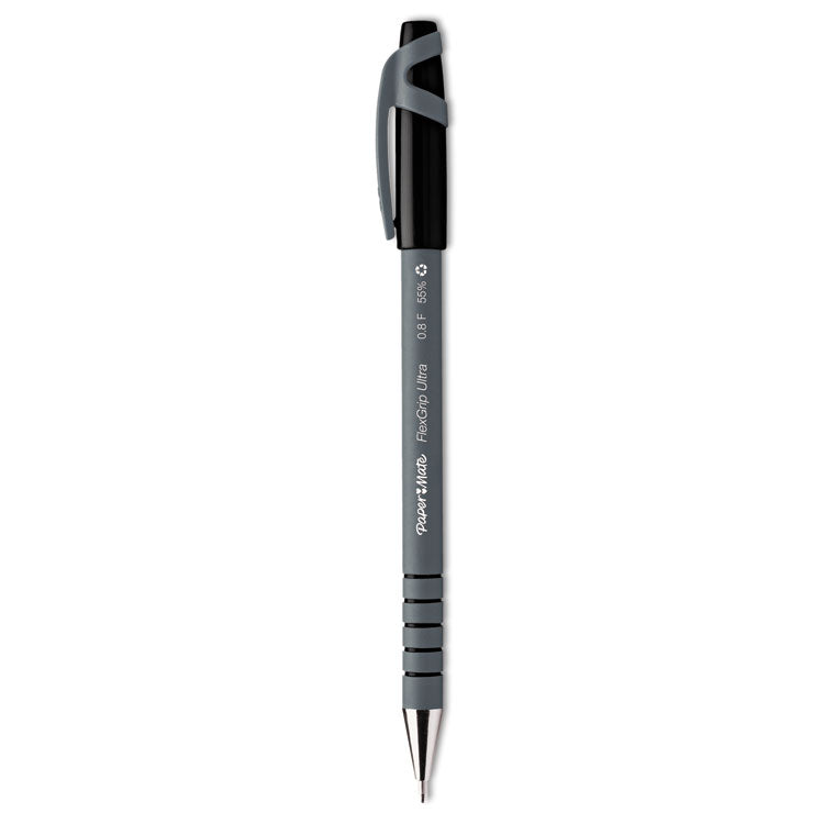 FlexGrip Ultra Recycled Ballpoint Pen, Stick, Fine 0.8 mm, Black Ink, Gray Barrel, Dozen