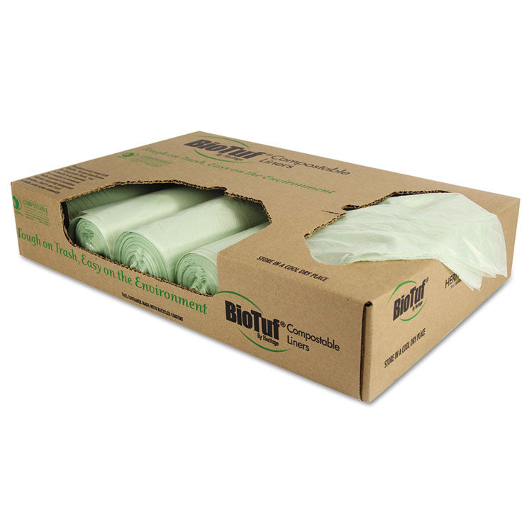 Biotuf Compostable Can Liners, 32 gal, 1 mil, 34 x 48 , Green, 20 Bags/Roll, 5 Rolls/Carton