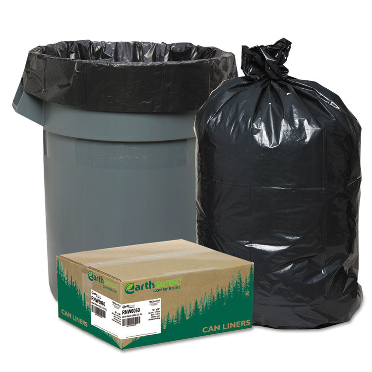 Linear Low Density Recycled Can Liners, 60 gal, 1.65 mil, 38 x 58 , Black, 10 Bags/Roll, 10 Rolls/Carton
