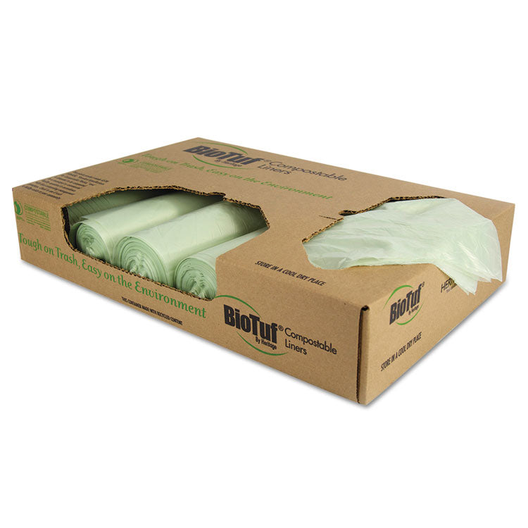 Biotuf Compostable Can Liners, 48 gal, 1 mil, 42 x 48 , Green, 20 Bags/Roll, 5 Rolls/Carton