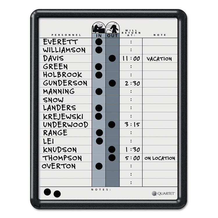 Employee In/Out Board, 11 x 14, Porcelain White/Gray Surface, Black Plastic Frame