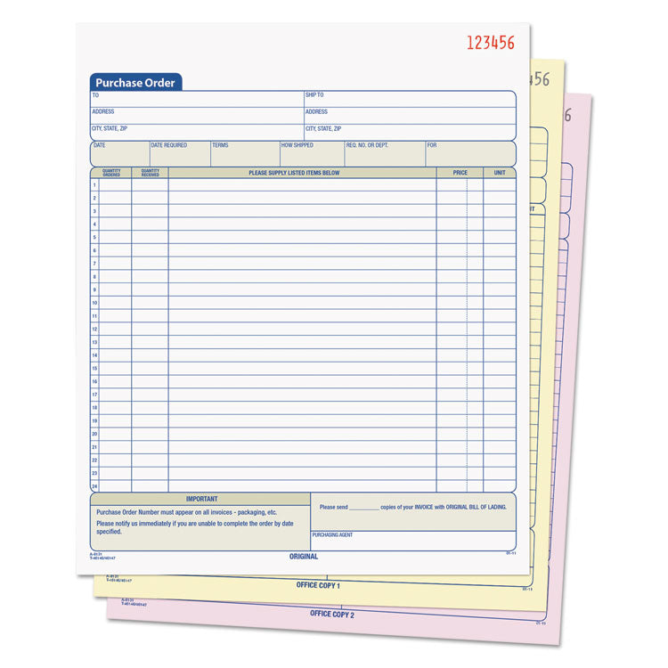 Purchase Order Book, 22 Lines, Three-Part Carbonless, 8.38 x 10.19, 50 Forms Total