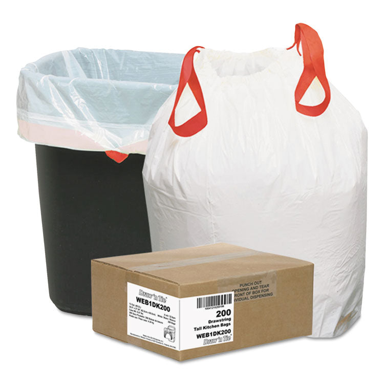 Heavy-Duty Trash Bags, Drawstring, 13 gal, 24.5 x 27.38 , White, 50 Bags/Roll, 4 Rolls/Box