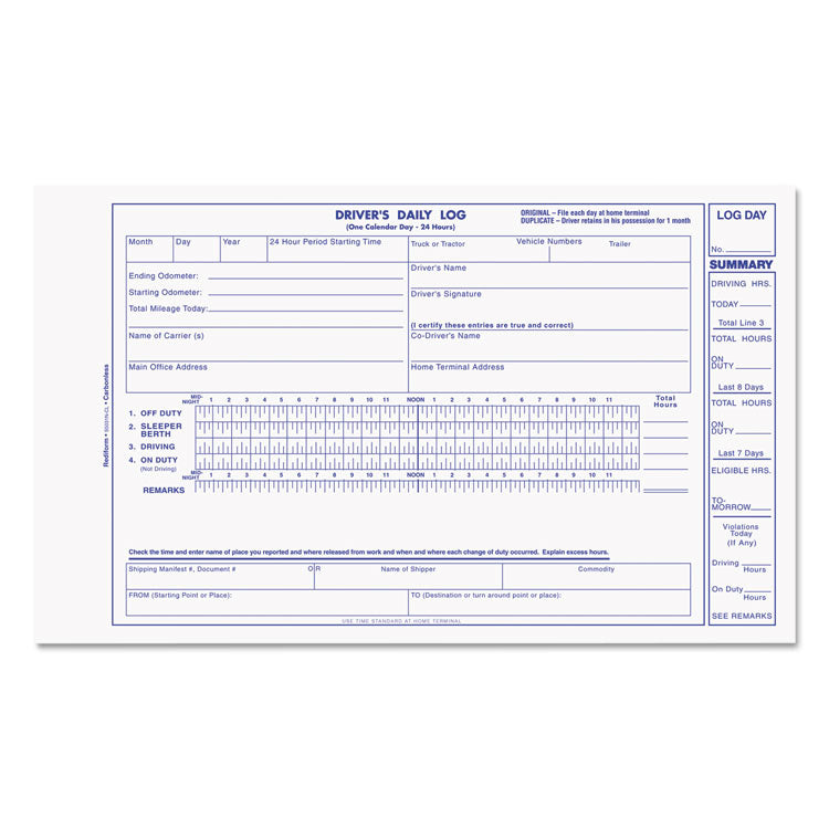 Driver s Daily Log Book, Two-Part Carbonless, 8.75 x 5.38, 31 Forms Total