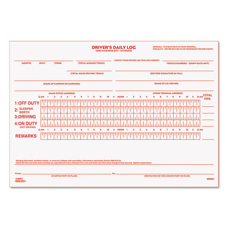 Driver s Daily Log Book with Daily Record and Hours Summary, Two-Part Carbonless, 7.88 x 5.5, 31 Forms Total
