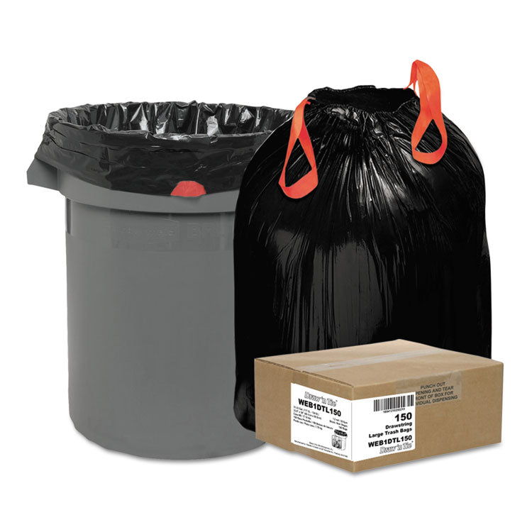 Heavy-Duty Trash Bags, Drawstring, 33 gal, 1.2 mil, 33.5 x 38 , Black, 25 Bags/Roll, 6 Rolls/Box