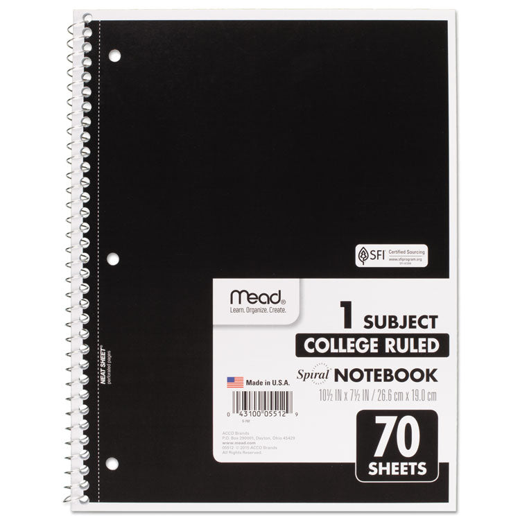 Spiral Notebook, 3-Hole Punched, 1-Subject, Medium/College Rule, Randomly Assorted Cover Color, (70) 10.5 x 7.5 Sheets