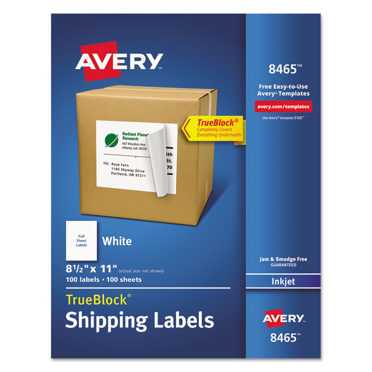 Shipping Labels with TrueBlock Technology, Inkjet Printers, 8.5 x 11, White, 100/Box
