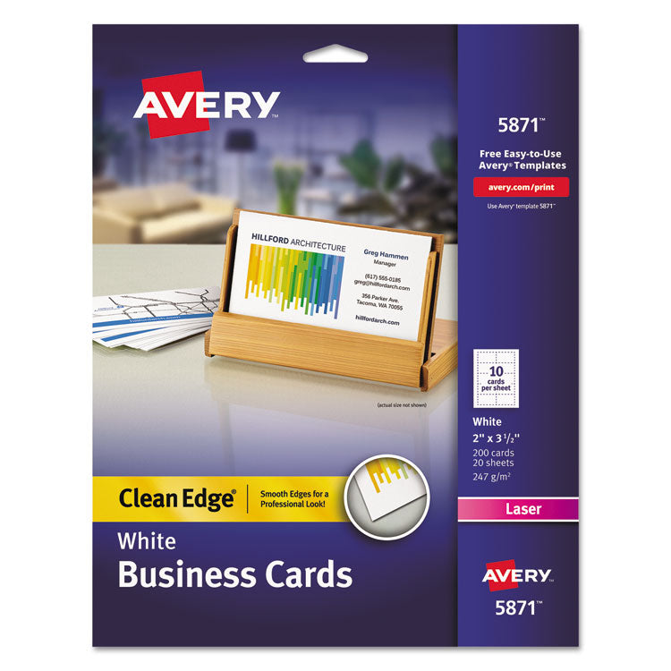 Clean Edge Business Cards, Laser, 2 x 3.5, White, 200 Cards, 10 Cards/Sheet, 20 Sheets/Pack