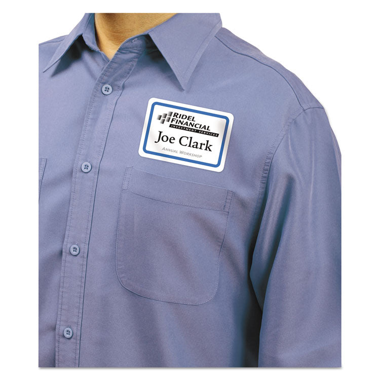 Flexible Adhesive Name Badge Labels, 3.38 x 2.33, White/Blue Border, 400/Box