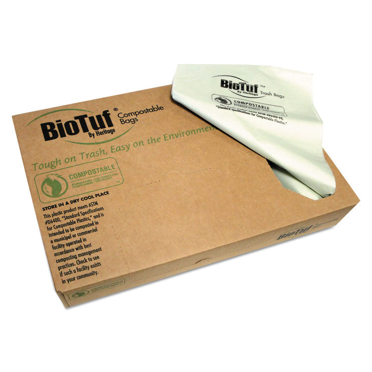 Biotuf Compostable Can Liners, 60 gal, 0.9 mil, 38 x 58 , Green, 20 Bags/Roll, 5 Rolls/Carton