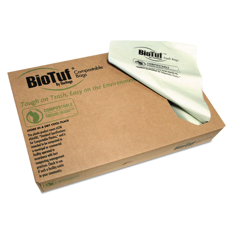 Biotuf Compostable Can Liners, 45 gal, 0.9 mil, 40 x 46 , Green, 25 Bags/Roll, 5 Rolls/Carton