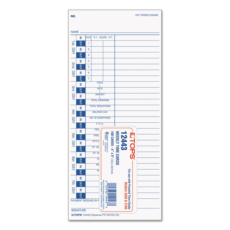 Time Clock Cards, Replacement for 35100-10, One Side, 4 x 9, 100/Pack