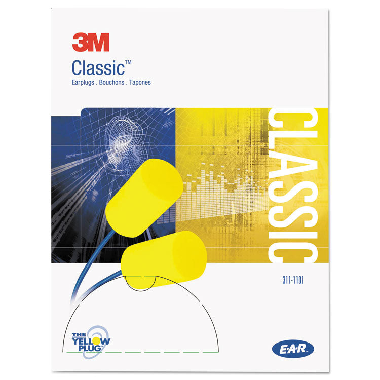E-A-R Classic Earplugs, Corded, PVC Foam, Yellow, 200 Pairs/Box