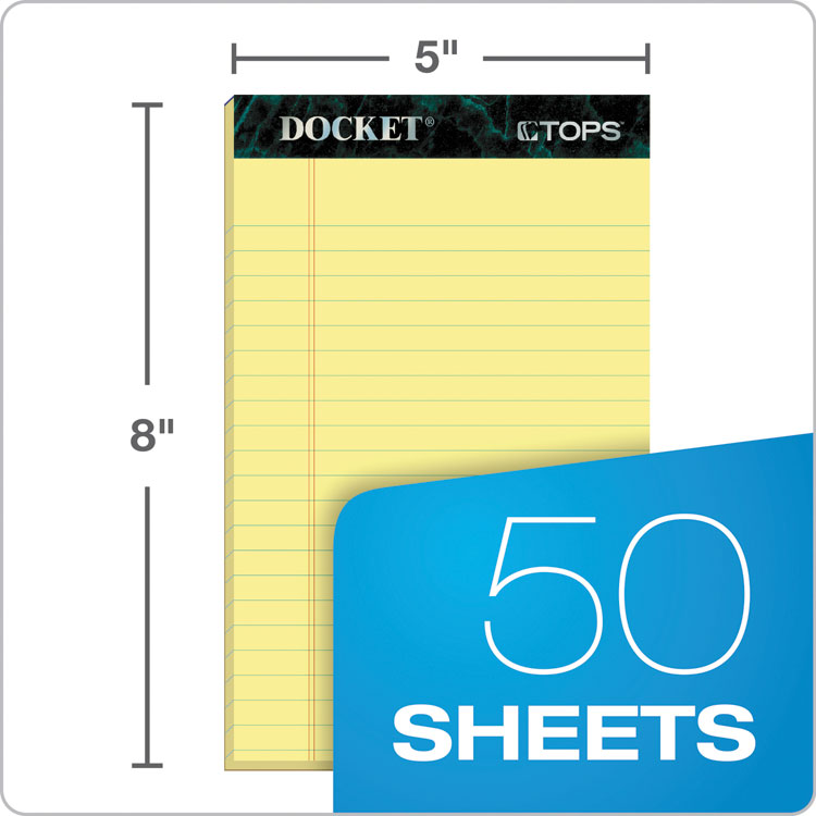 Docket Ruled Perforated Pads, Narrow Rule, 50 Canary-Yellow 5 x 8 Sheets, 12/Pack