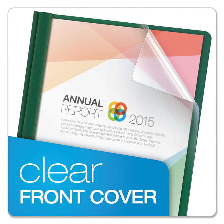 Clear Front Report Cover, Three-Prong Fastener, 0.5" Capacity, 8.5 x 11, Clear/ Hunter Green, 25/Box