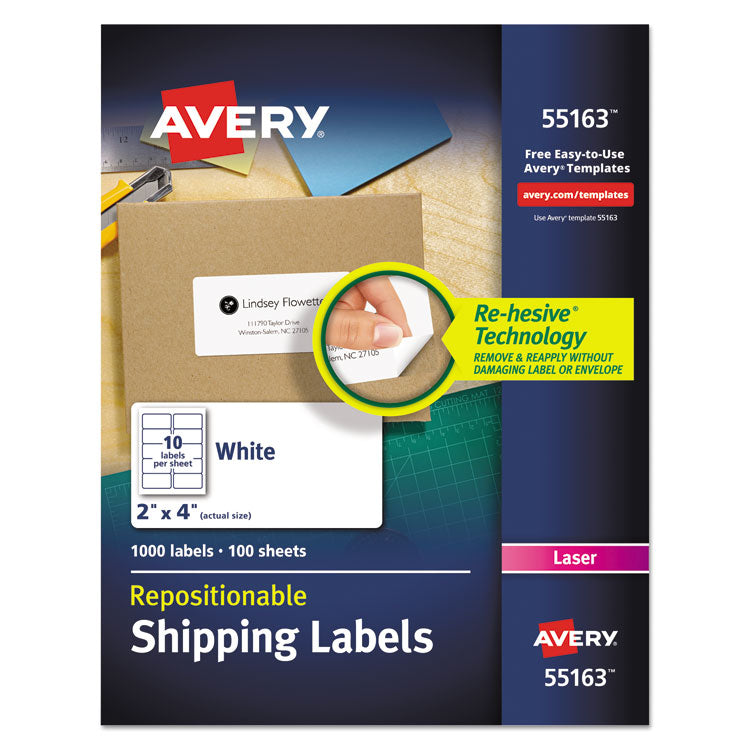 Repositionable Shipping Labels w/Sure Feed, Inkjet/Laser, 2 x 4, White, 1000/Box