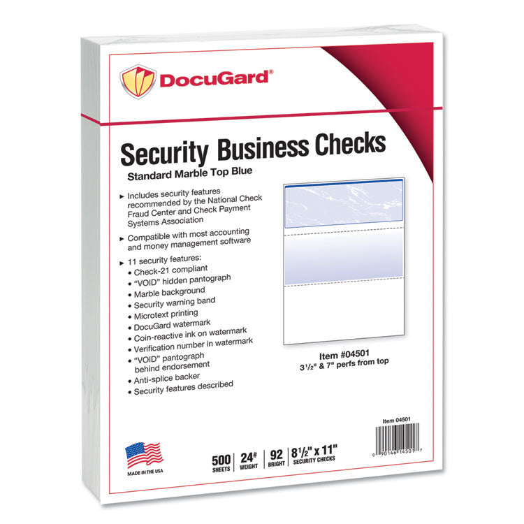Security Business Checks, 11 Features, 8.5 x 11, Blue Marble Top, 500/Ream