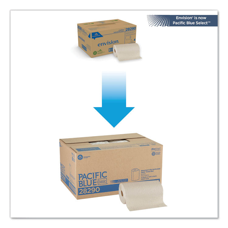 Pacific Blue Basic Jumbo Perforated Kitchen Roll Paper Towels, 2-Ply, 11 x 8.8, Brown, 250/Roll, 12 Rolls/Carton