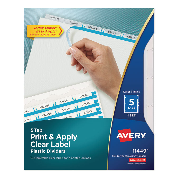 Print and Apply Index Maker Clear Label Plastic Dividers w/Printable Label Strip, 5-Tab, 11 x 8.5, Frosted Clear Tabs, 1 Set