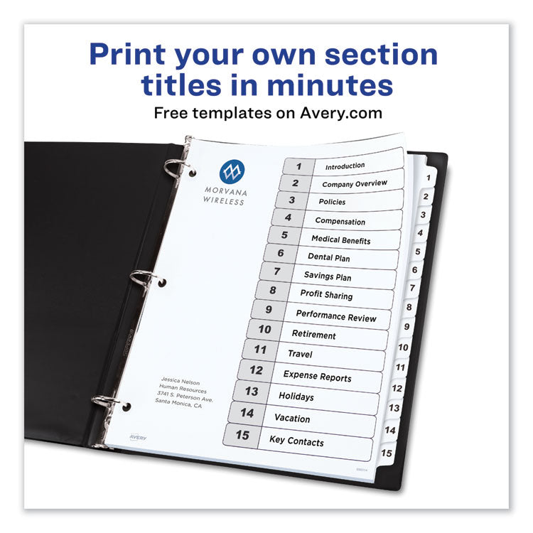 Customizable TOC Ready Index Black and White Dividers, 15-Tab, 1 to 15, 11 x 8.5, 1 Set