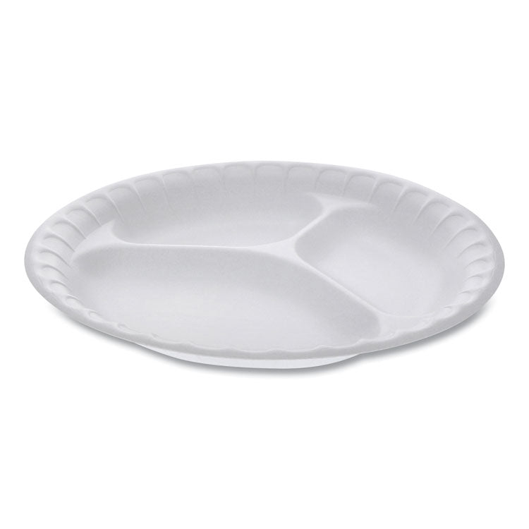 Placesetter Satin Non-Laminated Foam Dinnerware, 3-Compartment Plate, 9" dia, White, 500/Carton