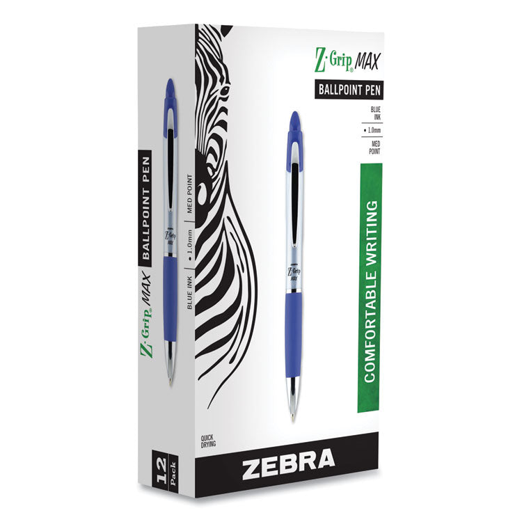 Z-Grip MAX Ballpoint Pen, Retractable, Medium 1 mm, Blue Ink, Silver/Blue Barrel, 12/Pack
