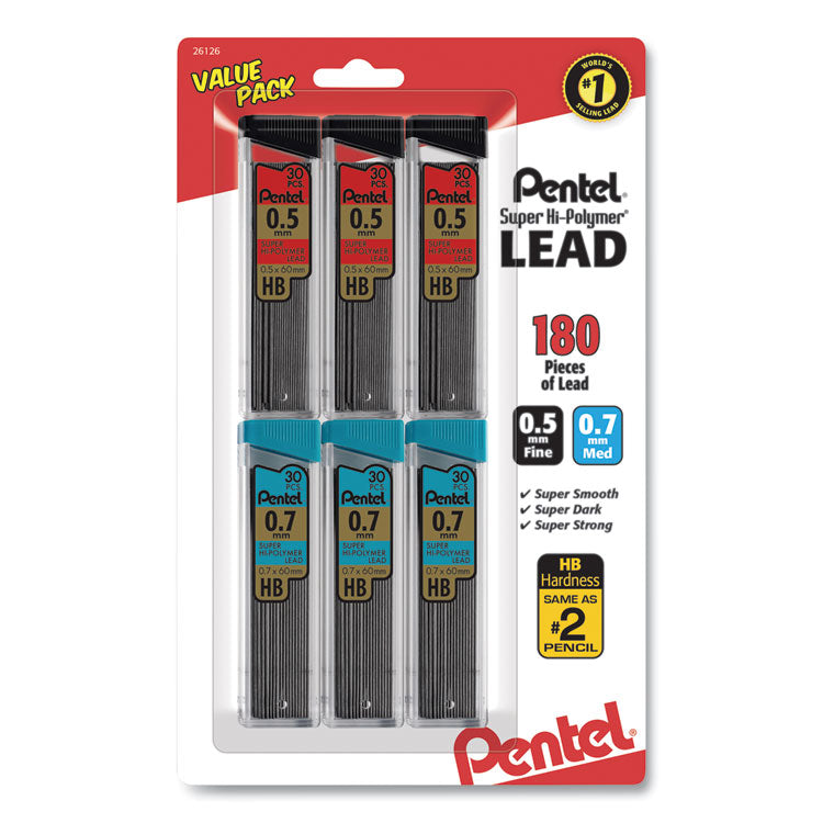 Super Hi-Polymer Lead Refill Value Pack, 0.5 mm 0.7 mm, HB, Black, 30/Tube, 6 Tubes/Pack