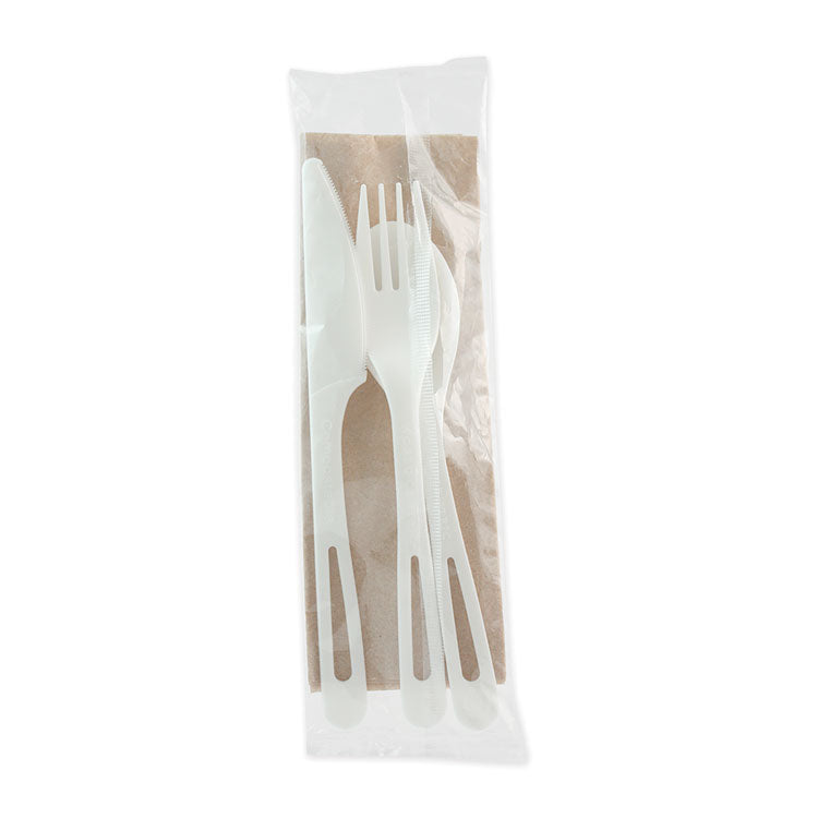 TPLA Compostable Cutlery, Knife/Fork/Spoon/Napkin, 6 , White, 250/Carton