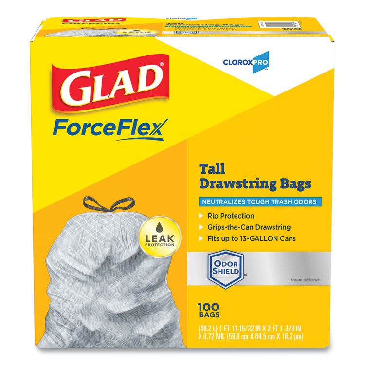 ForceFlexPlus Tall Kitchen Drawstring Trash Bags, 13 gal, 23.75 x 24.88 , Gray, 100/Box