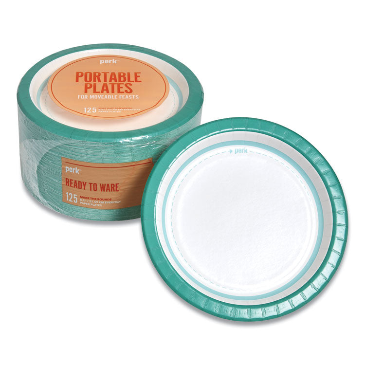 Everyday Paper Plates, 8.5 dia, White/Teal, 125/Pack
