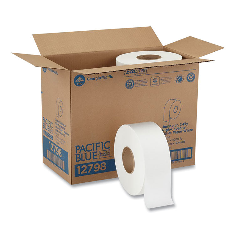Jumbo Jr. Bathroom Tissue Roll, Septic Safe, 2-Ply, White, 3.5" x 1,000 ft, 8 Rolls/Carton