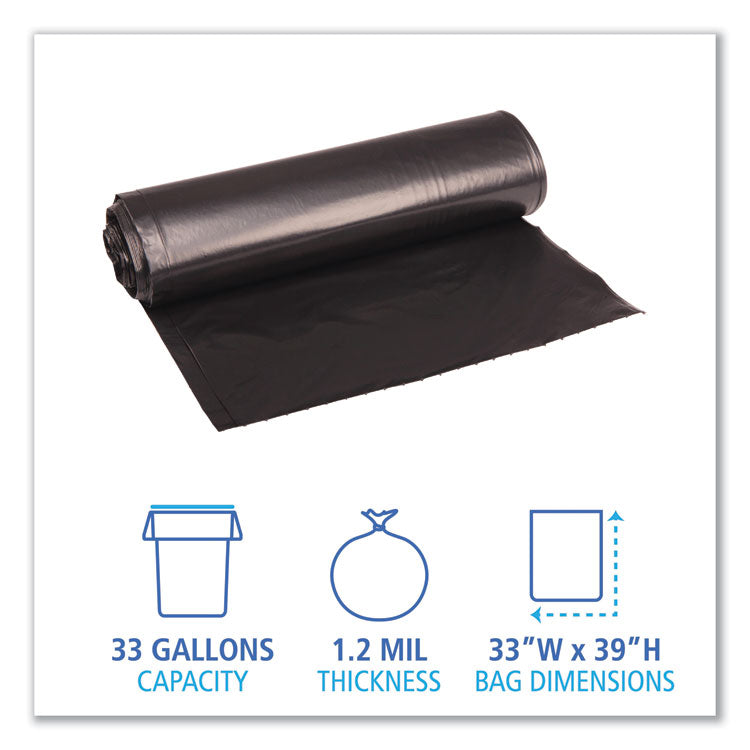 Recycled Low-Density Polyethylene Can Liners, 33 gal, 1.2 mil, 33 x 39 , Black, Perforated, 10 Bags/Roll, 10 Rolls/Carton