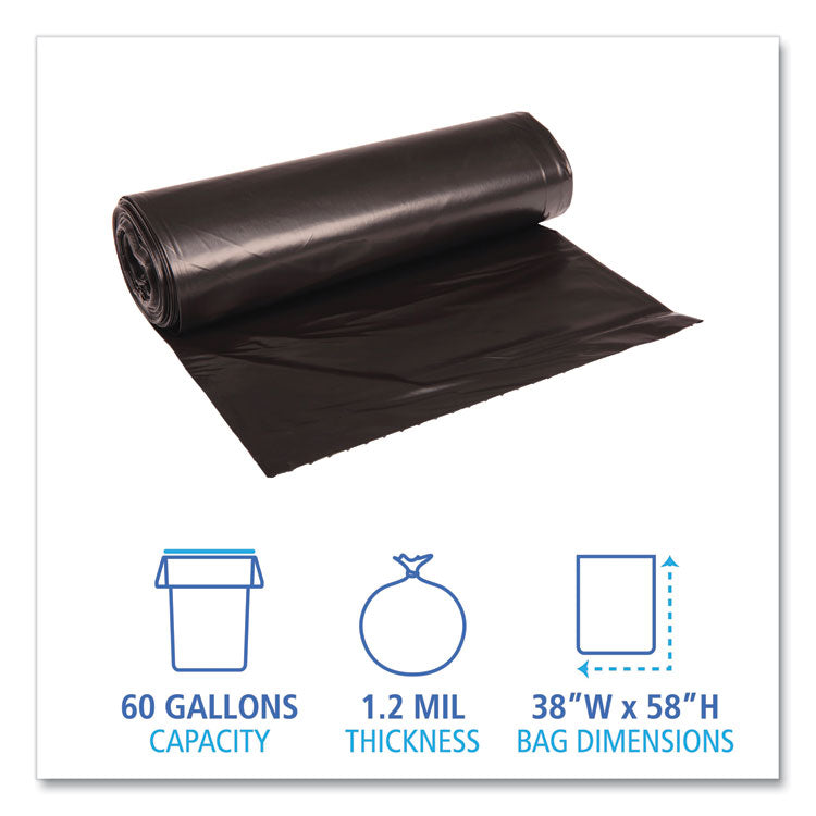 Recycled Low-Density Polyethylene Can Liners, 60 gal, 1.2 mil, 38 x 58 , Black, Perforated, 10 Bags/Roll, 10 Rolls/Carton