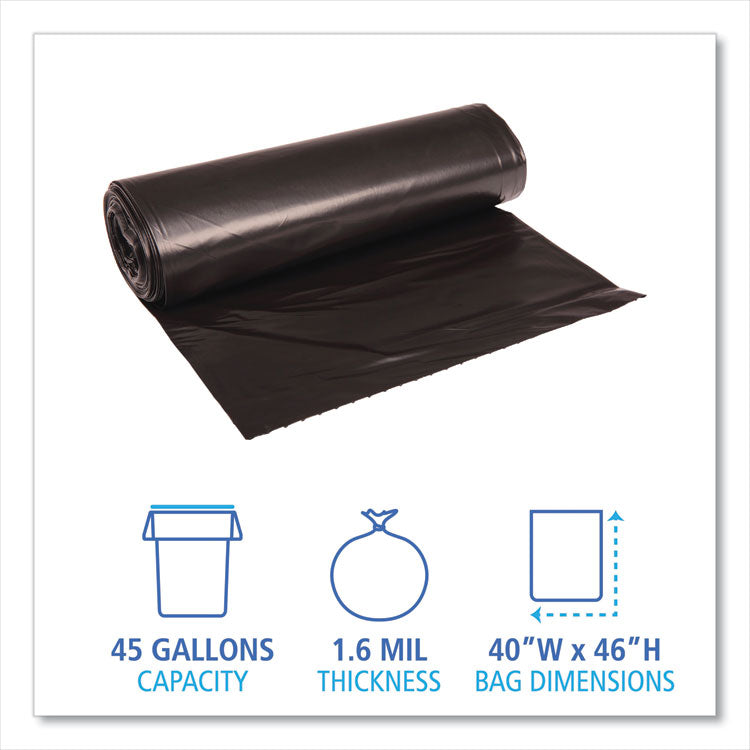 Recycled Low-Density Polyethylene Can Liners, 45 gal, 1.6 mil, 40 x 46 , Black, Perforated, 10 Bags/Roll, 10 Rolls/Carton