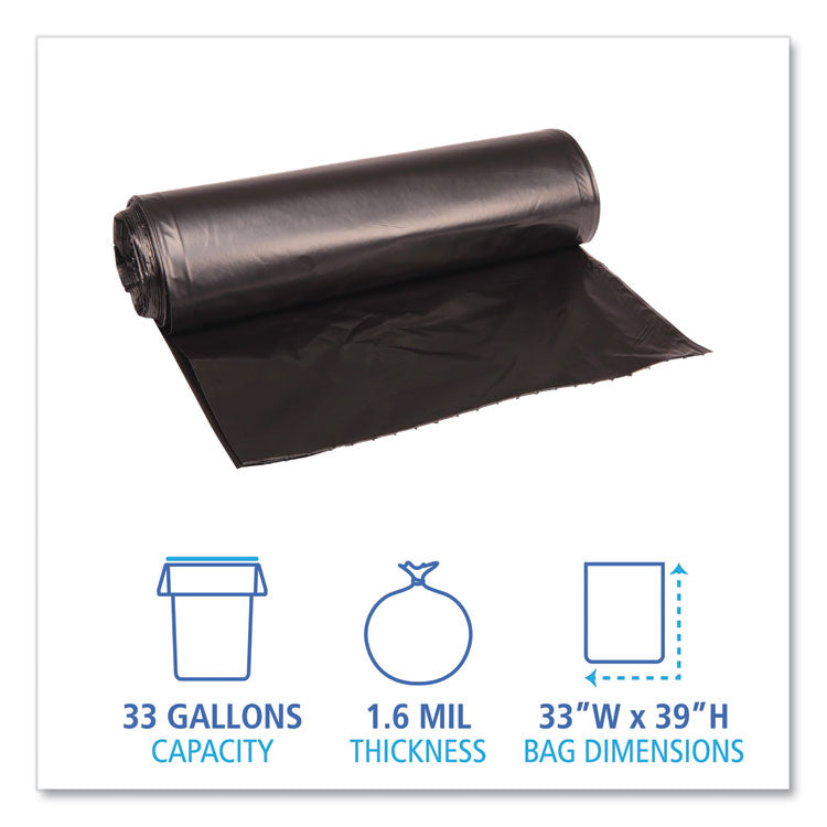 Recycled Low-Density Polyethylene Can Liners, 33 gal, 1.6 mil, 33 x 39 , Black, Perforated, 10 Bags/Roll, 10 Rolls/Carton
