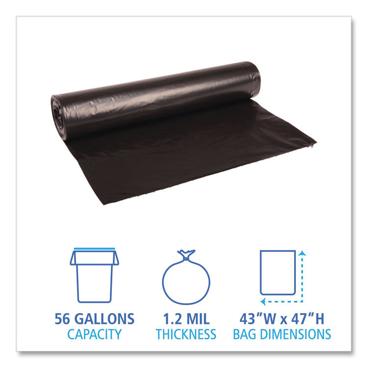 Recycled Low-Density Polyethylene Can Liners, 56 gal, 1.2 mil, 43 x 47 , Black, Perforated, 10 Bags/Roll, 10 Rolls/Carton
