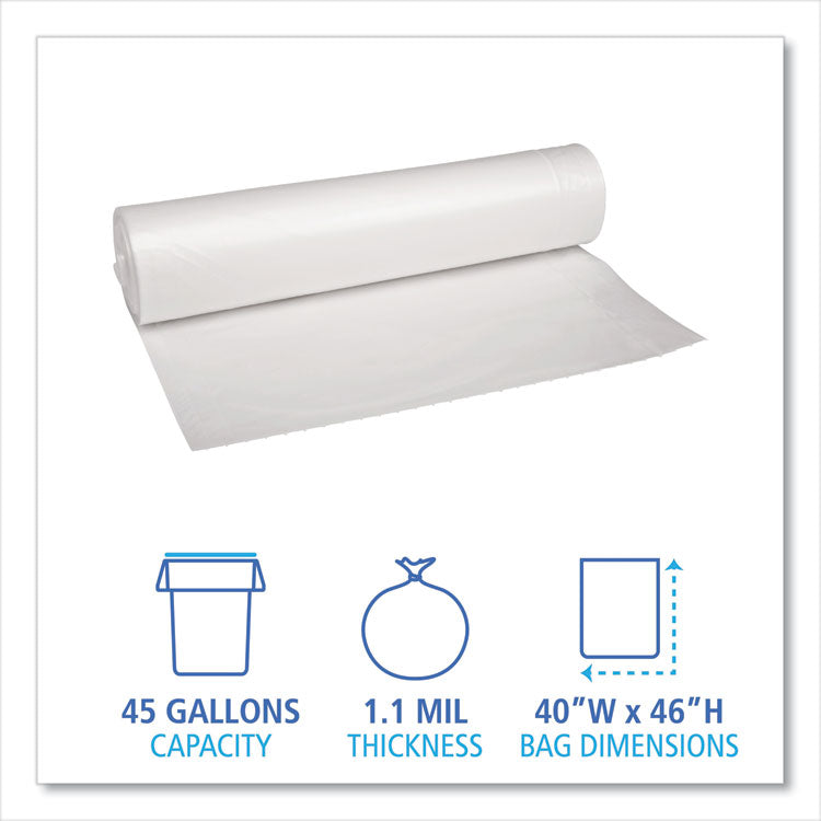 Recycled Low-Density Polyethylene Can Liners, 45 gal, 1.1 mil, 40 x 46 , Clear, Perforated, 10 Bags/Roll, 10 Rolls/Carton