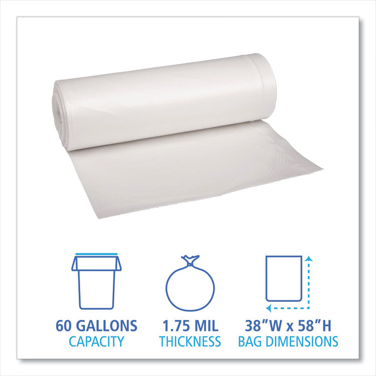 Recycled Low-Density Polyethylene Can Liners, 60 gal, 1.75 mil, 38 x 58 , Clear, Perforated, 10 Bags/Roll, 10 Rolls/Carton