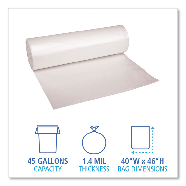Recycled Low-Density Polyethylene Can Liners, 45 gal, 1.4 mil, 40 x 46 , Clear, Perforated, 10 Bags/Roll, 10 Rolls/Carton