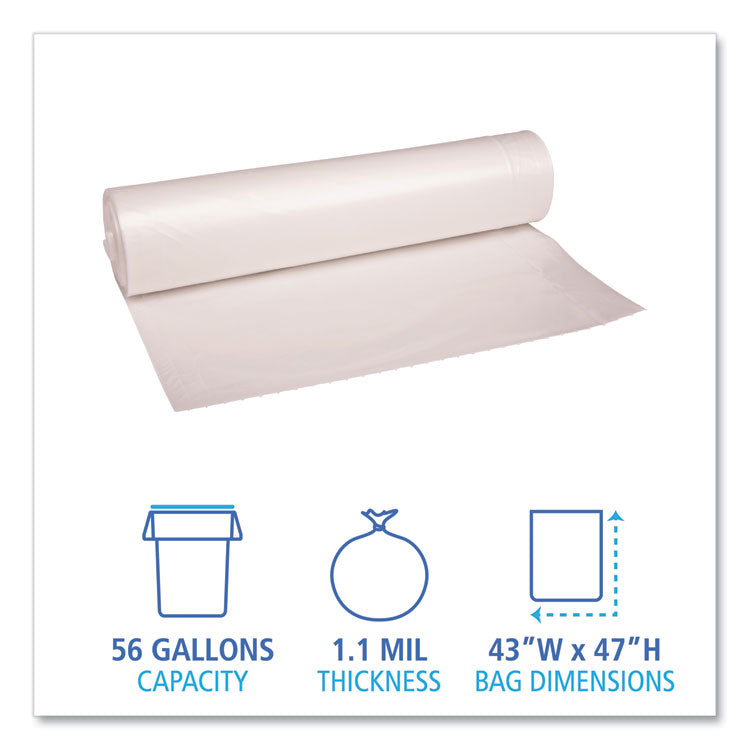 Recycled Low-Density Polyethylene Can Liners, 56 gal, 1.1 mil, 43 x 47 , Clear, Perforated, 10 Bags/Roll, 10 Rolls/Carton