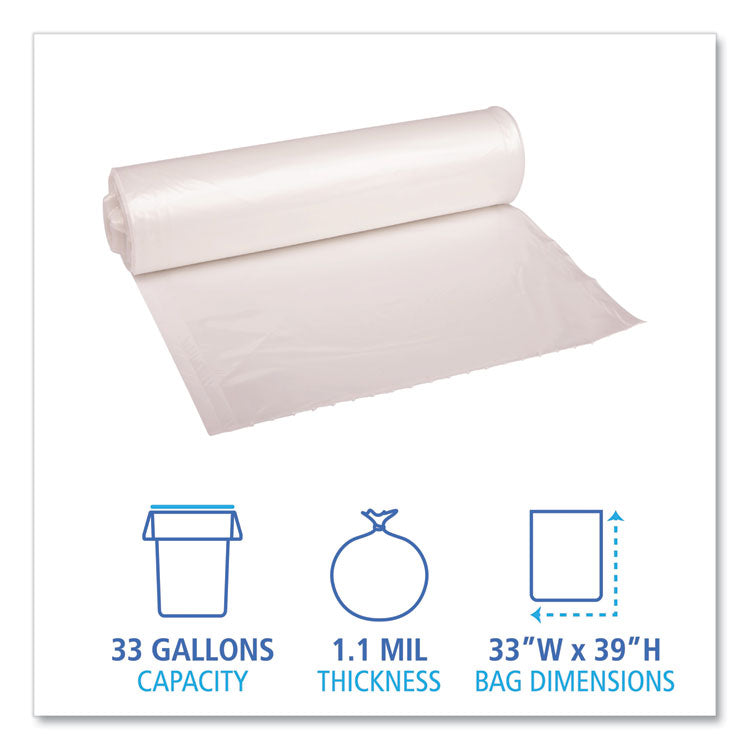 Recycled Low-Density Polyethylene Can Liners, 33 gal, 1.1 mil, 33 x 39 , Clear, Perforated, 10 Bags/Roll, 10 Rolls/Carton